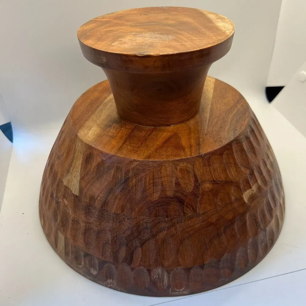 Vintage MCM Hand Carved Wood Pedestal Serving Bowl 11” Primitive Fruit Bowl